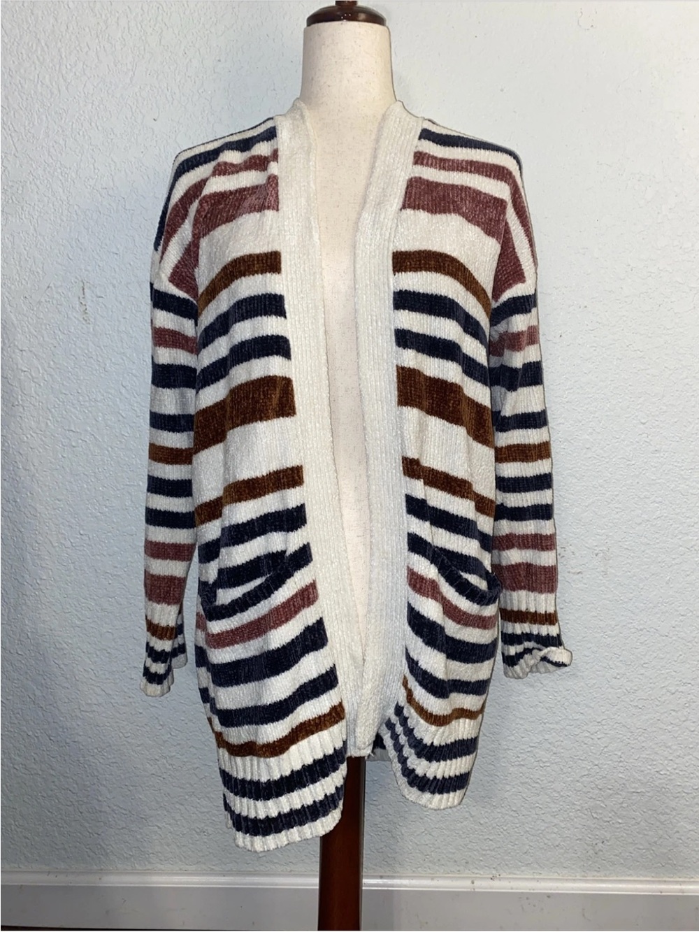 Maurices Striped Open-Front Cardigan - Ivory, Navy & Brown